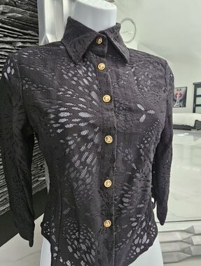 Versace Jeans Couture Black Lace Medusa Button Up Top Blouse 38 Small